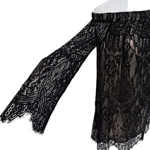 Y2K Vintage Love Fire Black Lace Off Shoulder Dress Sheer Nude Lined Bell Sleeve